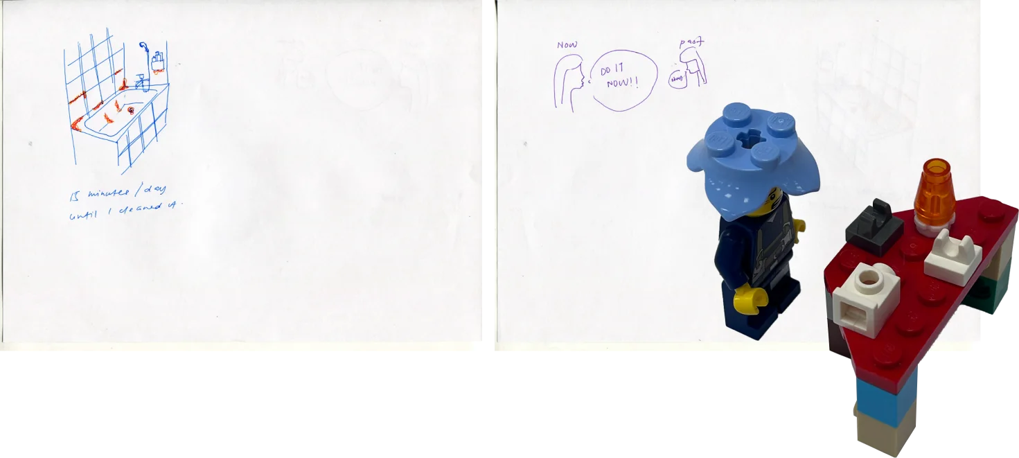 Drawing and LEGO model for a shared bathroom no one cleans.