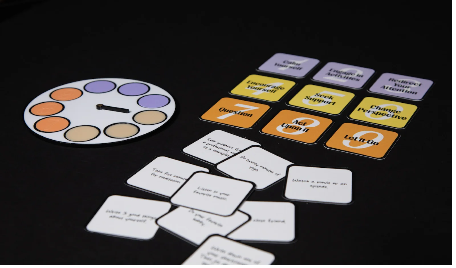 The coping wheel and action cards.