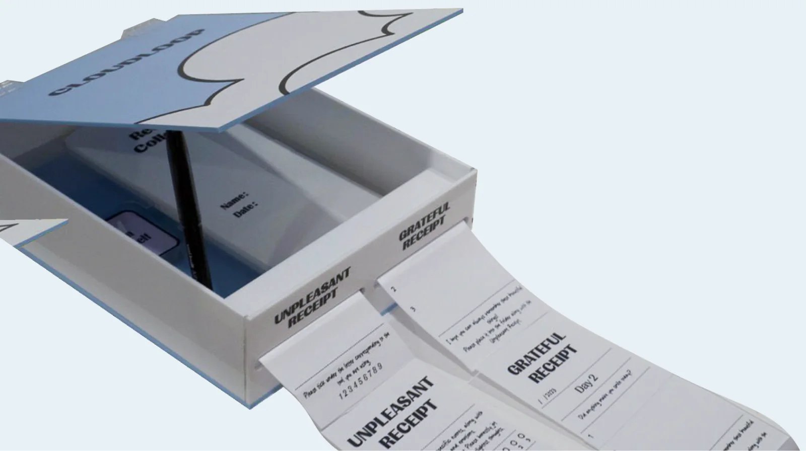 The receipt box with receipts unrolling.
