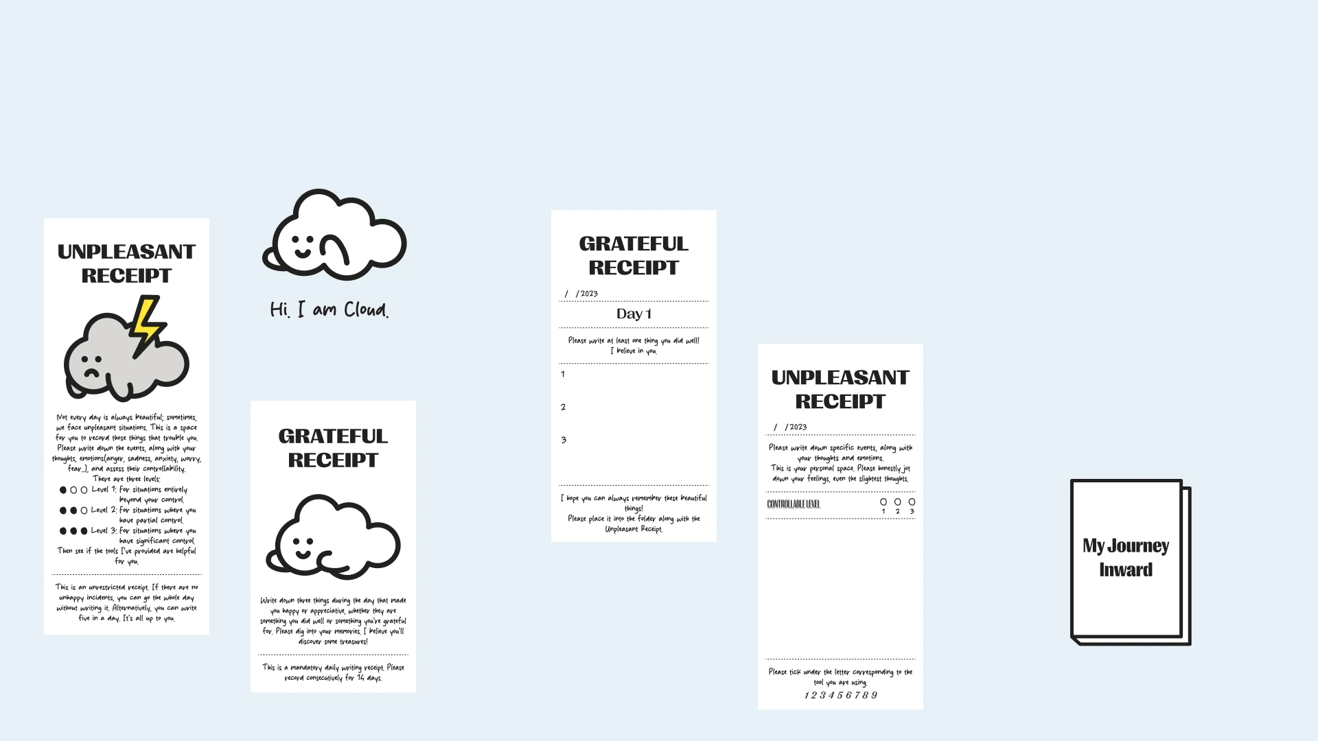 The Cloud mascot, the redesigned Unpleasant and Grateful receipts, and the My Journey Inward booklet.