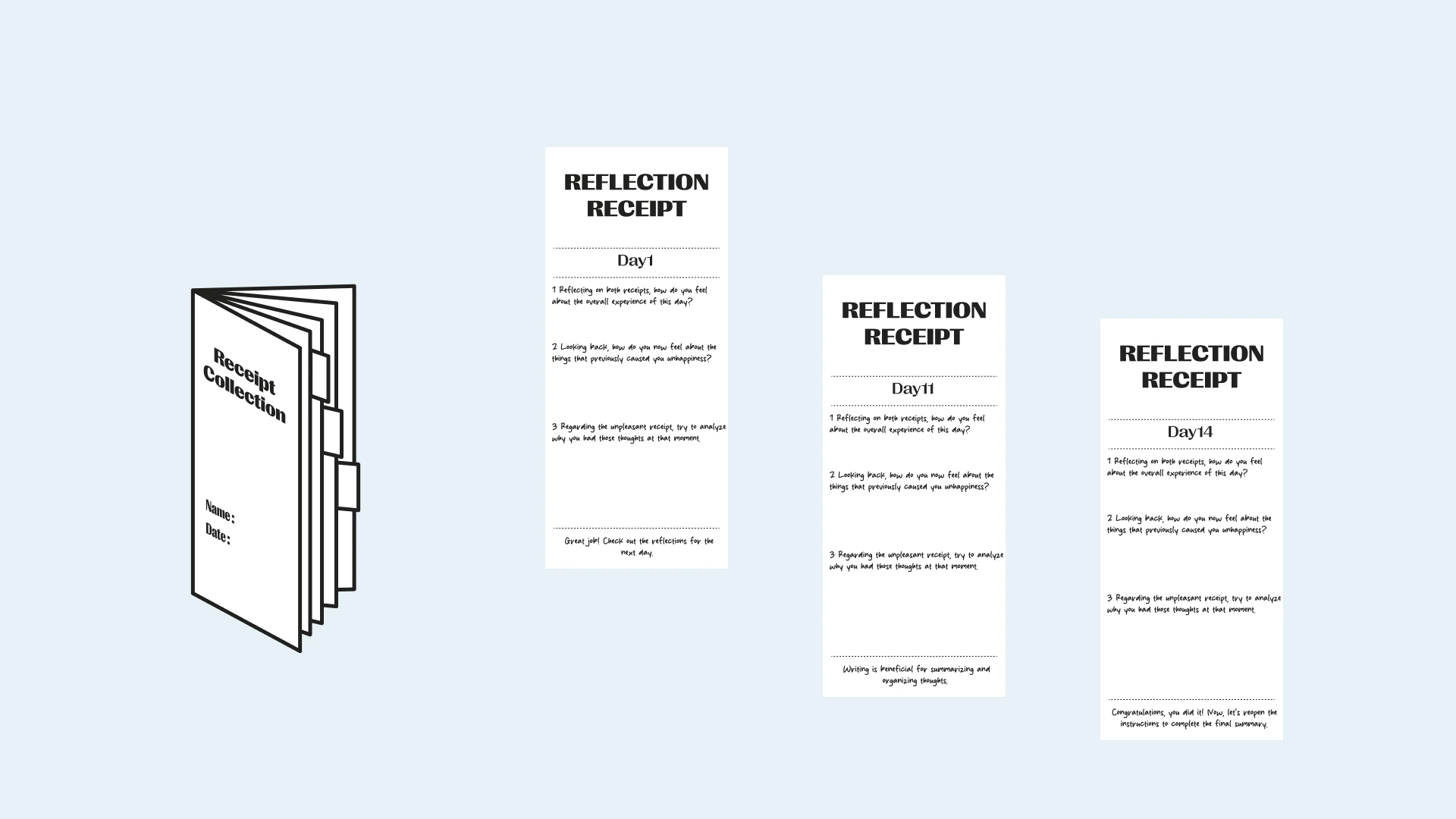 The Receipt Collection folder, and the Reflection Receipts for day 1, day 11 and day 14.