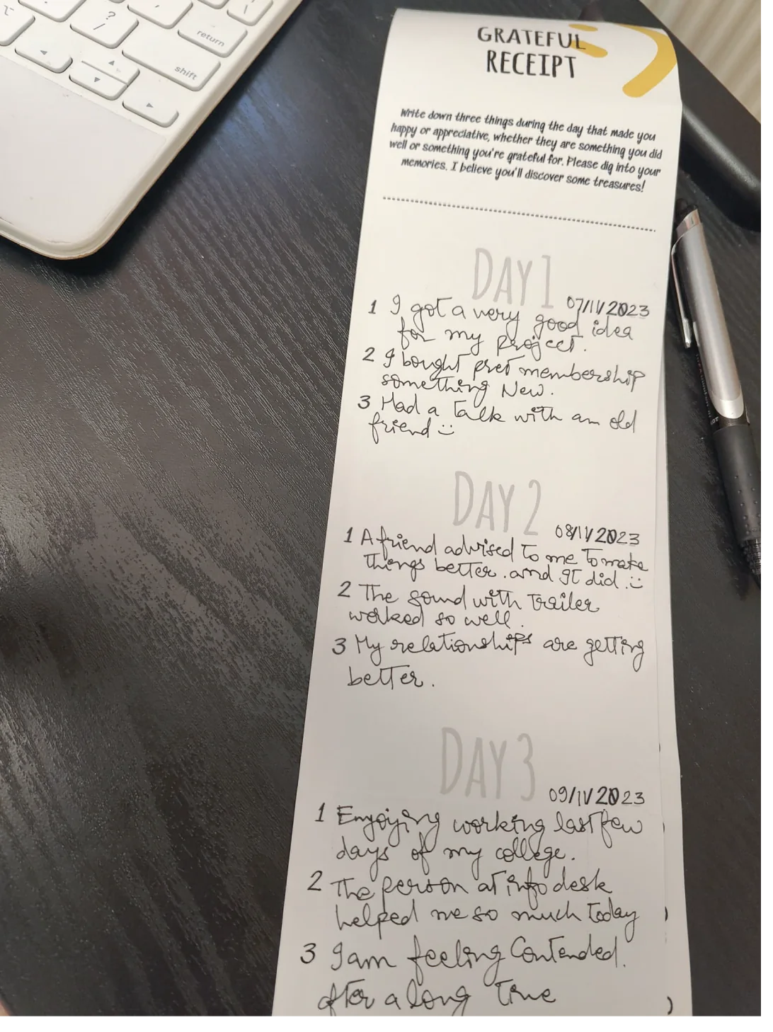 A participant’s Grateful Receipt, filled in for three days.