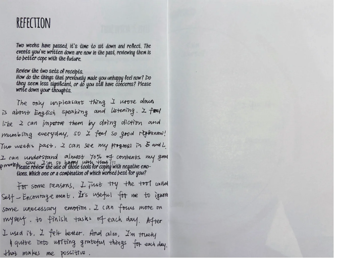 A participant’s handwritten reflection page.