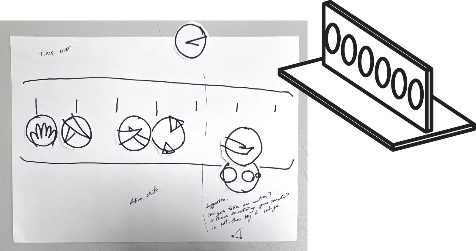 Early sketch of the tool as a linear strip, and a desk-stand idea.
