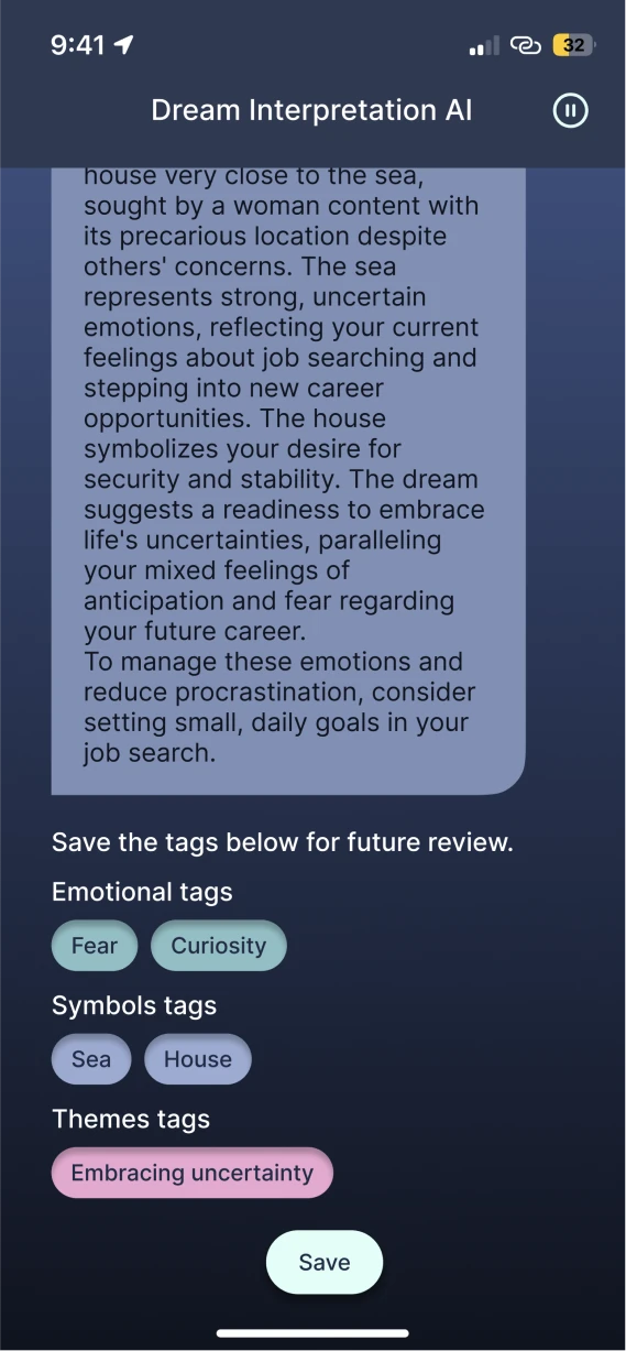 Summary with emotional, symbol and theme tags to save.