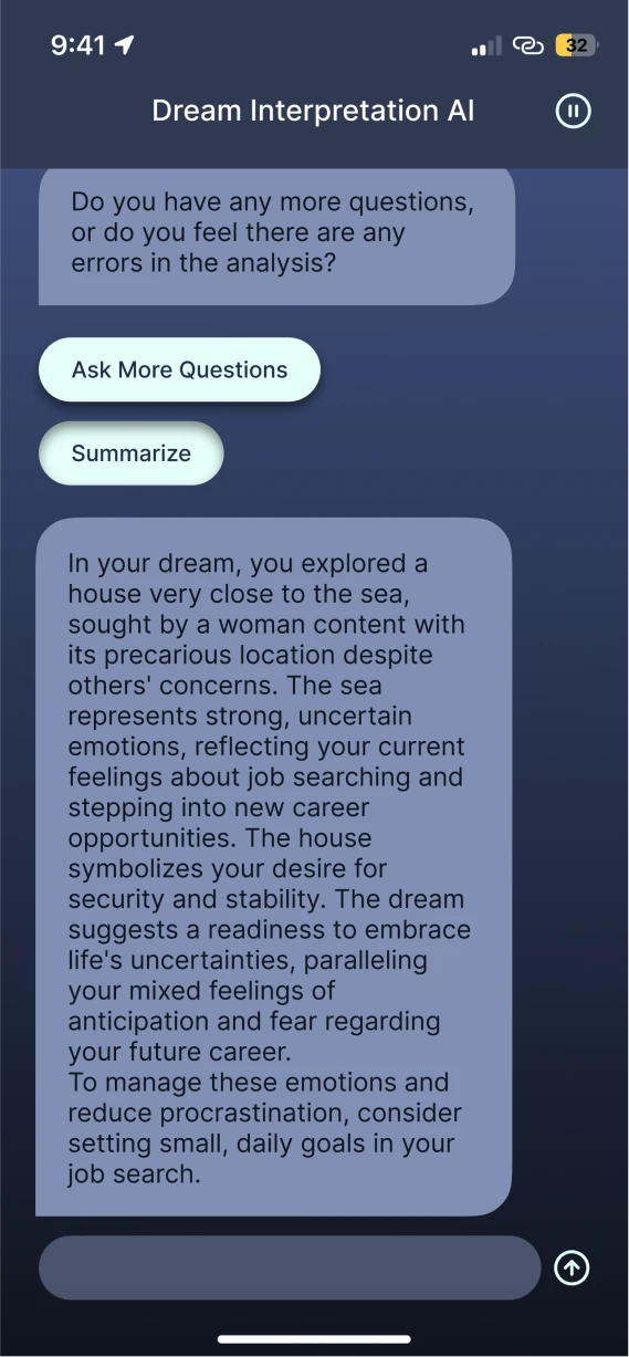 AI dialogue with Ask more questions and Summarize buttons.