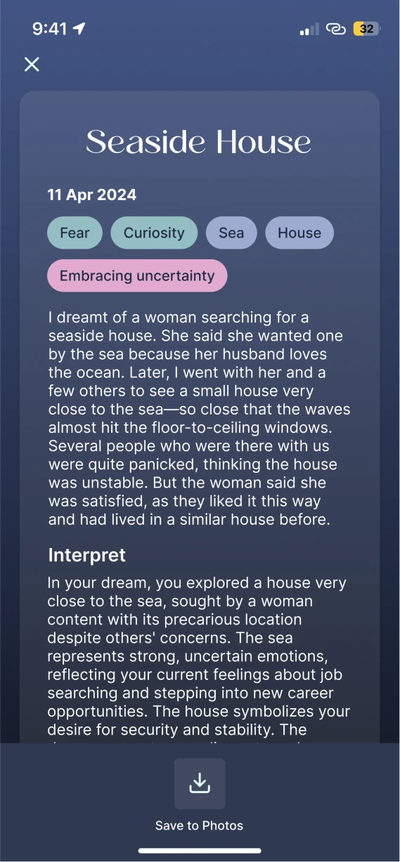 Dream card export view with Save to Photos.