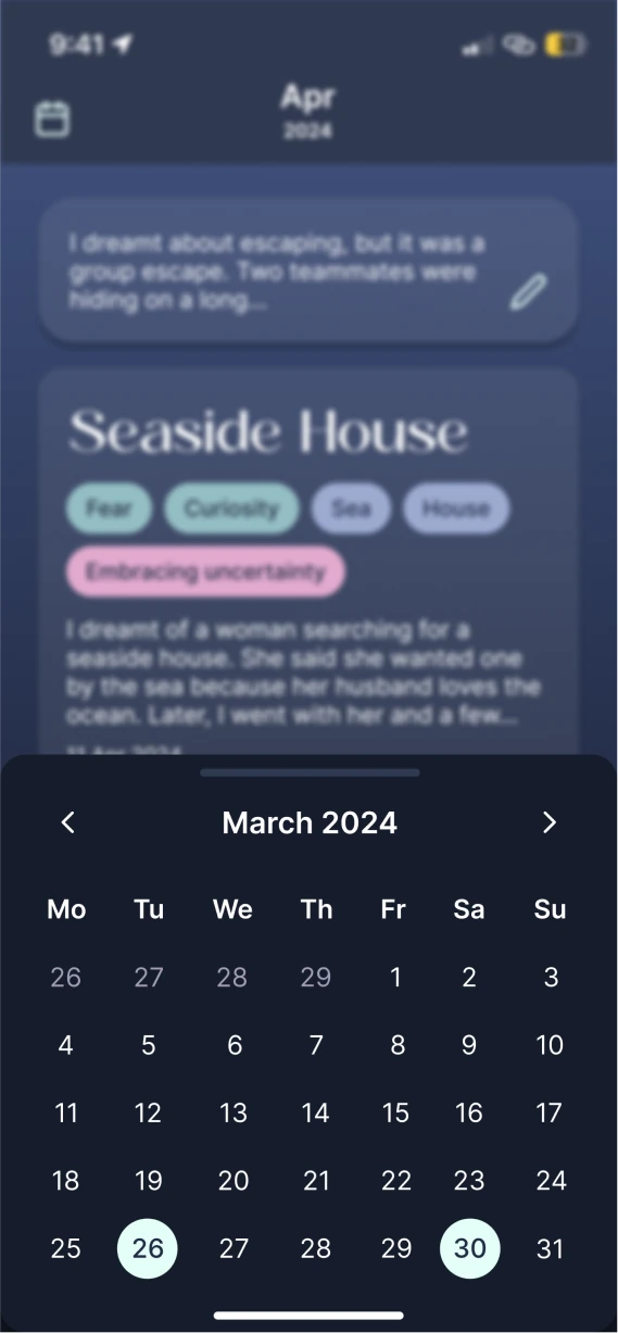 Calendar sheet for March 2024 with recorded days marked.