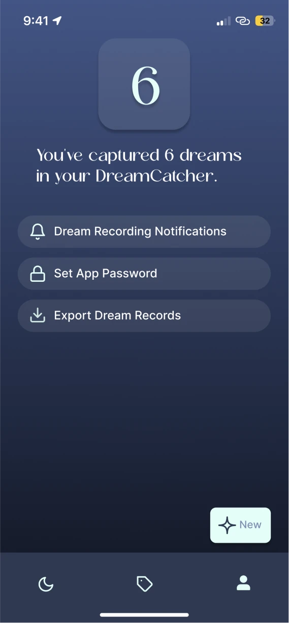 Profile page showing six dreams captured.