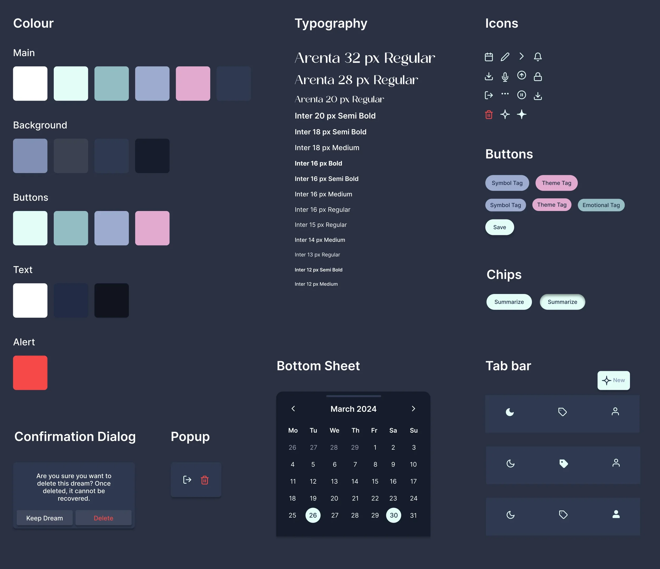 DreamCatcher UI kit: color, typography (Arenta and Inter), icons, tag buttons, chips, confirmation dialog, popup, calendar bottom sheet and tab bar.