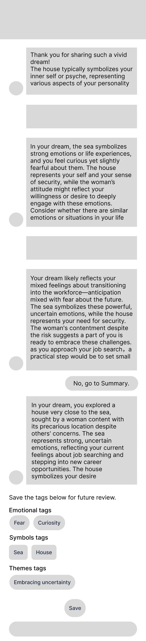 Wireframe: AI dialogue with tags to save.