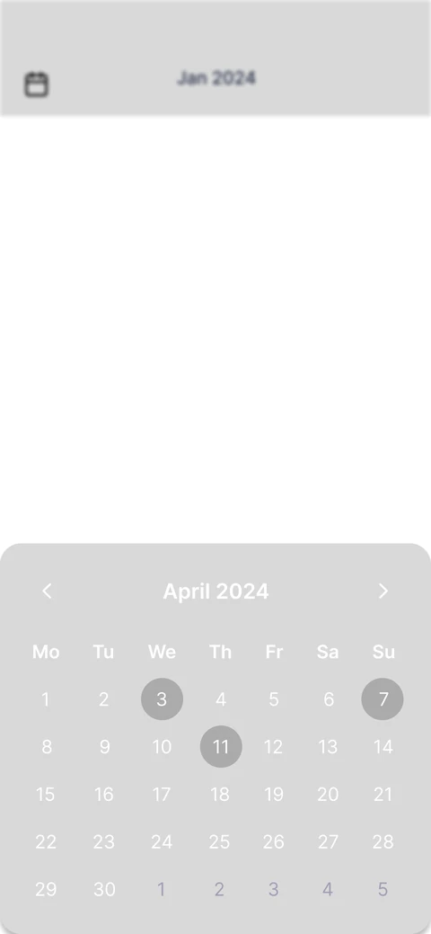 Wireframe: calendar sheet over the home page.