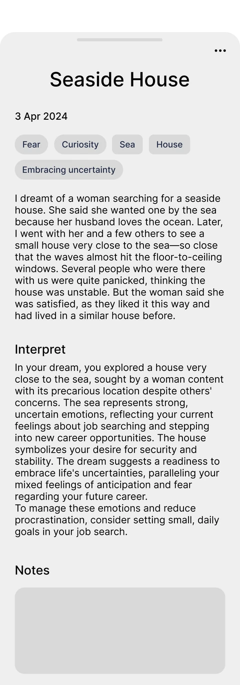 Wireframe: dream card with interpretation and notes.