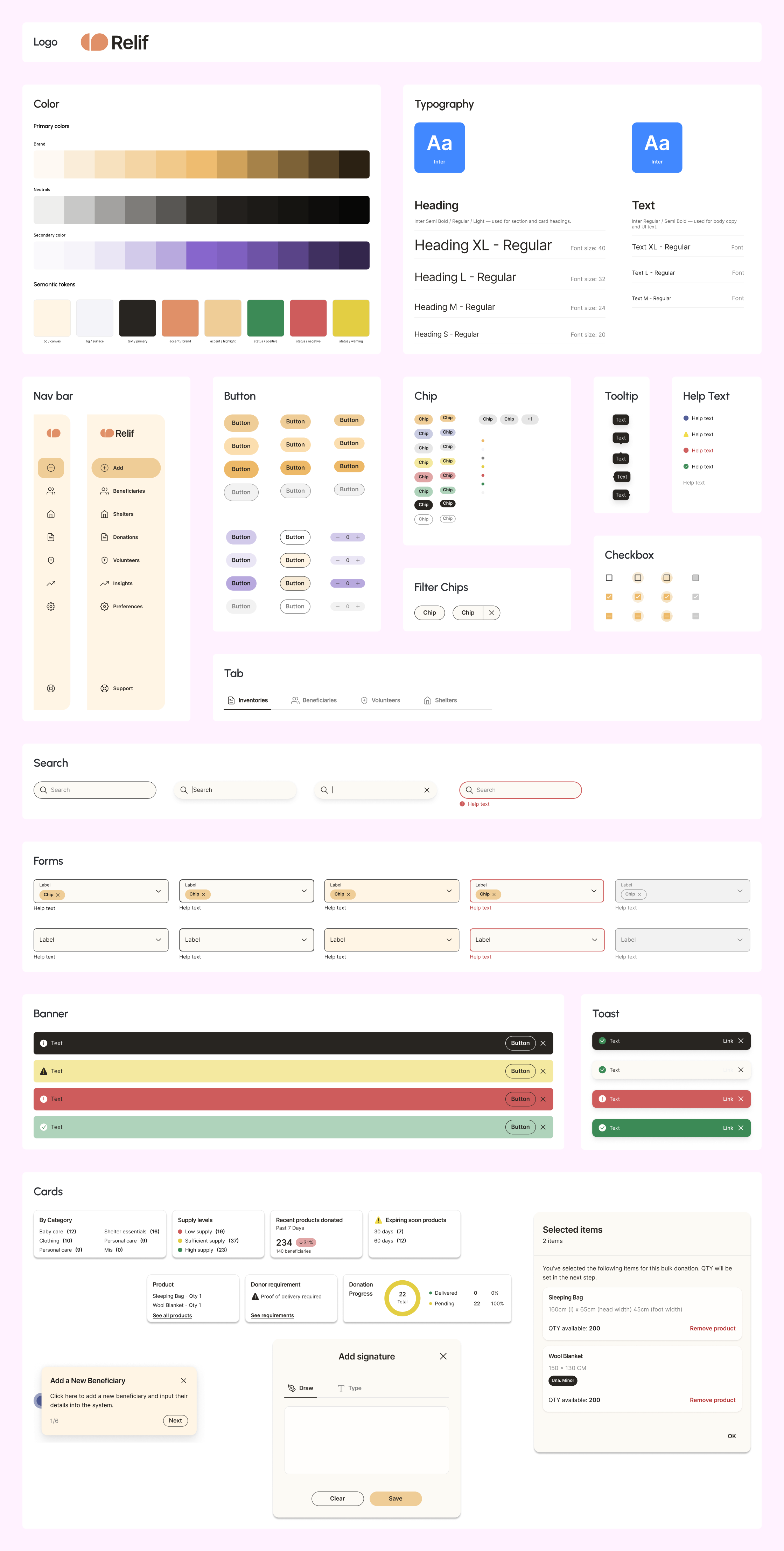 The Relif design library sheet: logo, color, typography, nav bar, tabs, filter chips, help text, tooltip, checkbox, button, chip, search, forms, banner, toast and cards.