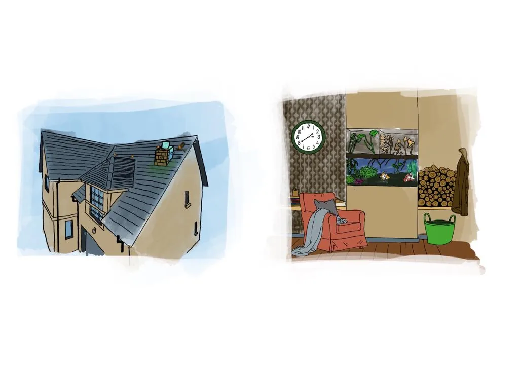 Initial sketch of a house with a chimney, and the room inside.