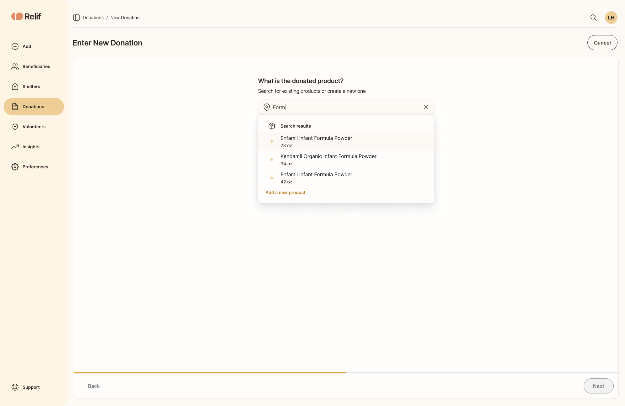 Add new donation form reusing an existing product record.