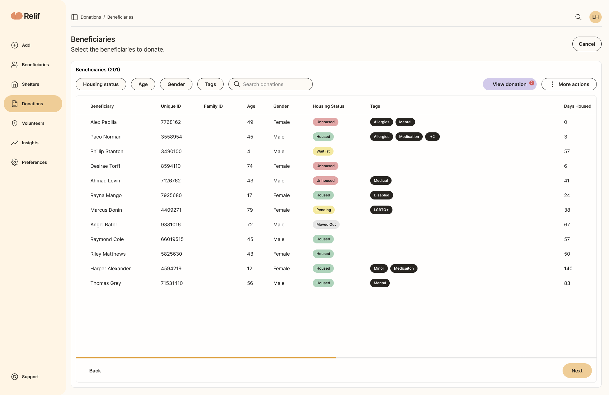 Beneficiary selection step of the bulk donation flow.