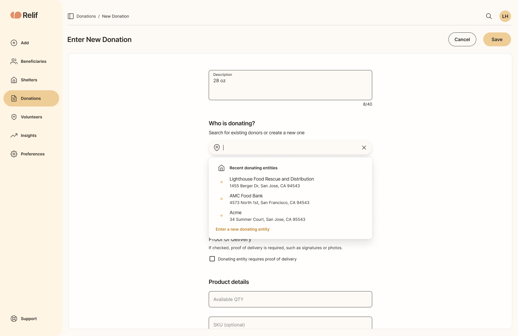 Donating entity field with donor search.