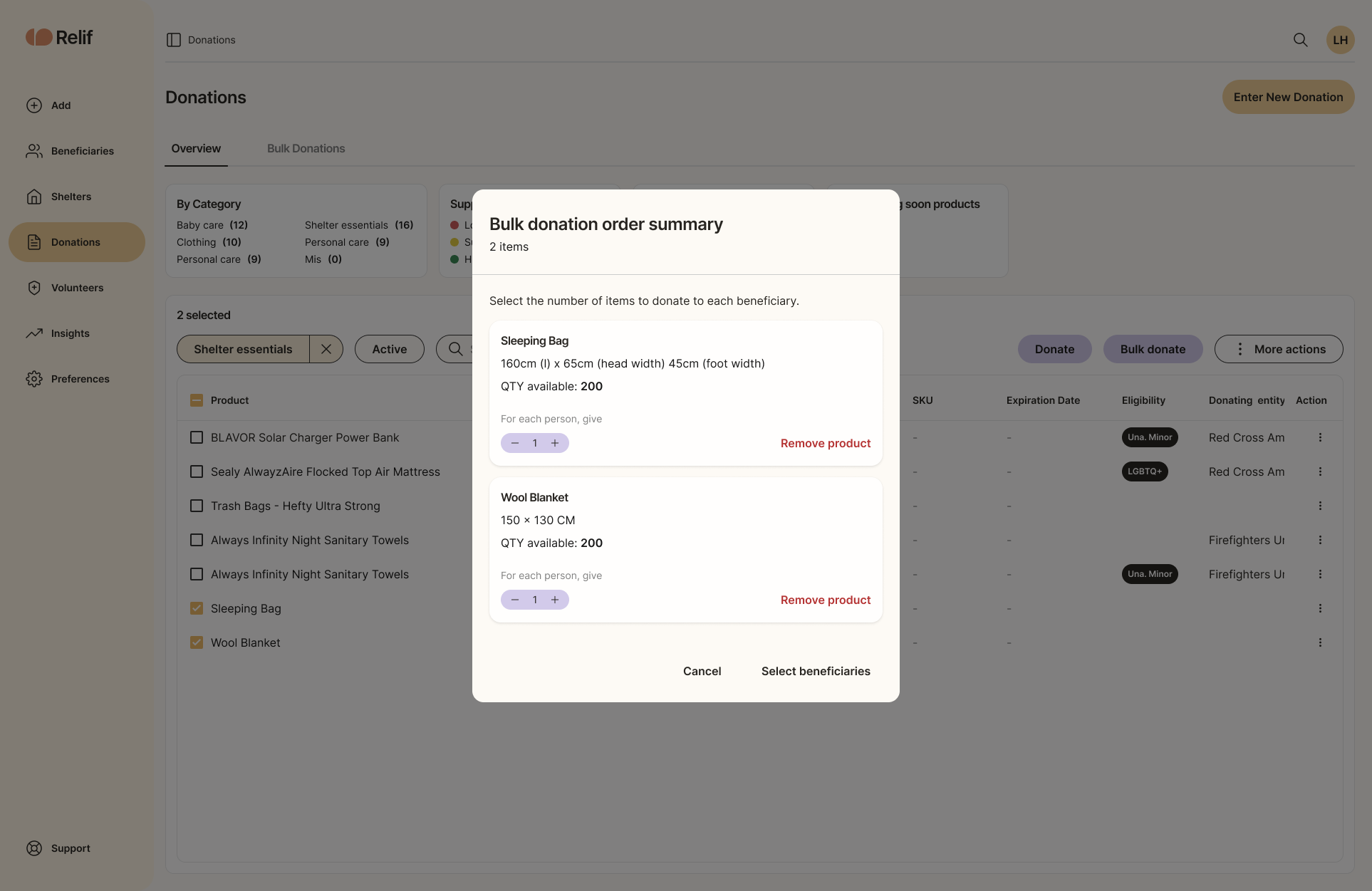 The original quantity modal, which users read as a total rather than a per-beneficiary amount.