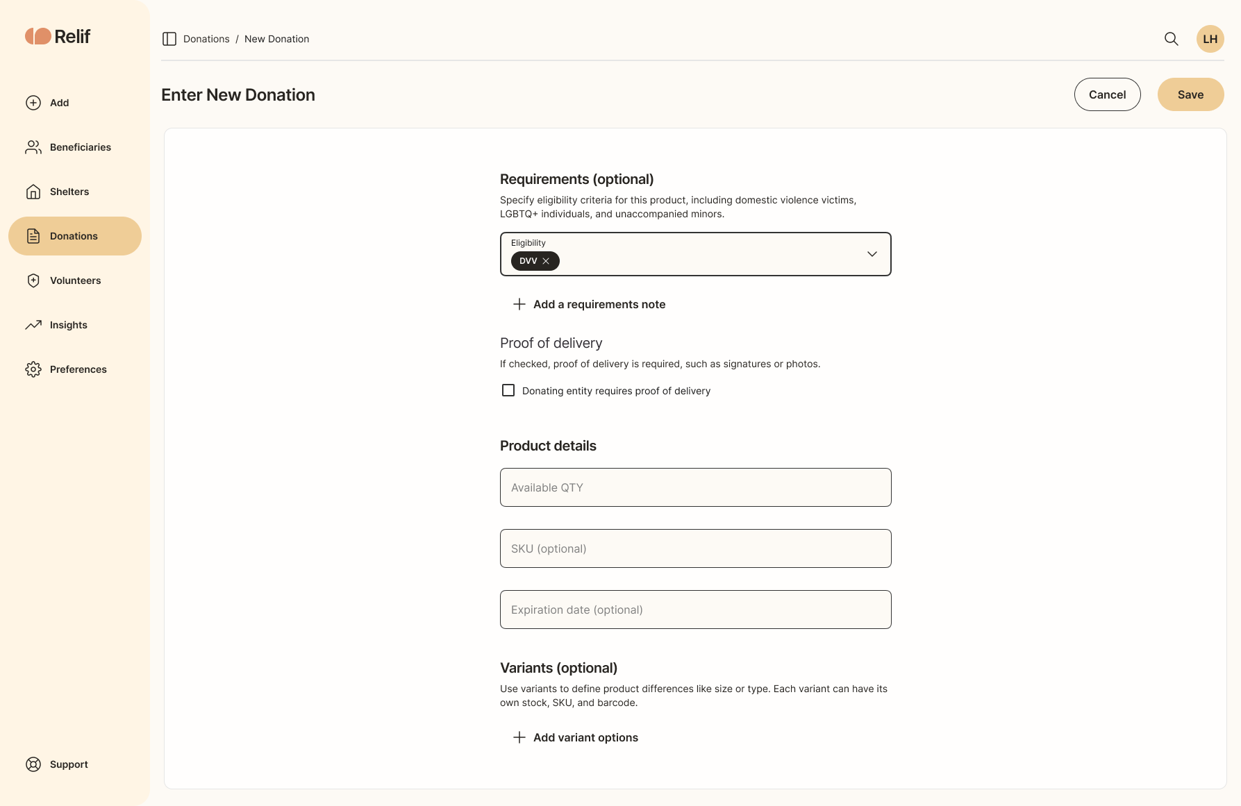 Proof of delivery field offering signature or photo confirmation.