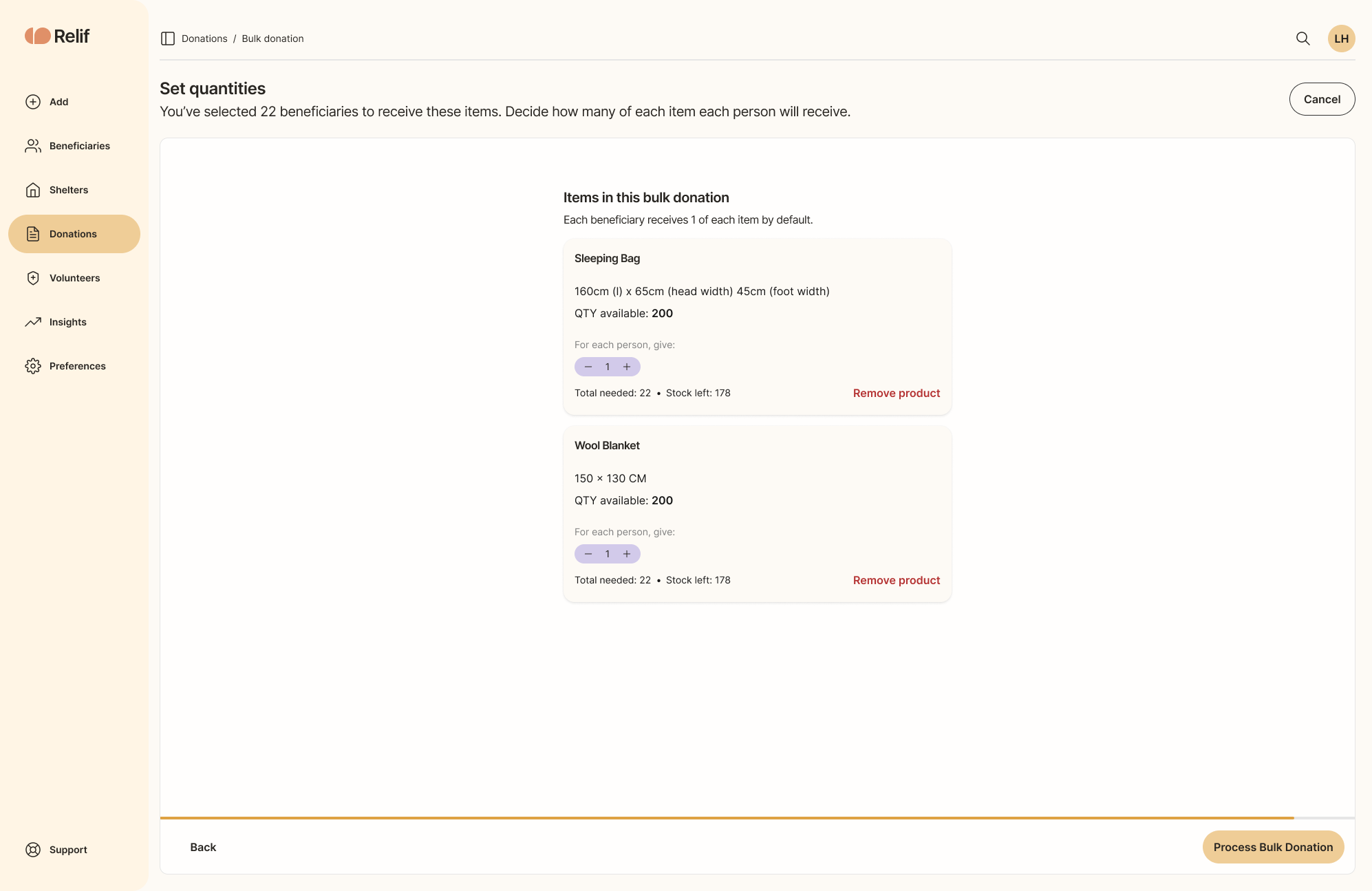 Quantity step showing amount per beneficiary, total needed and stock left.