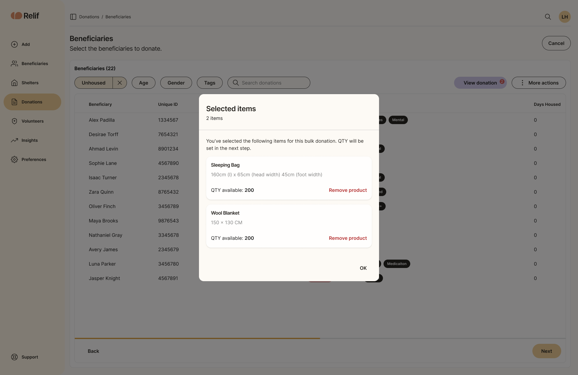 Confirmation pop-up summarizing the bulk donation before processing.