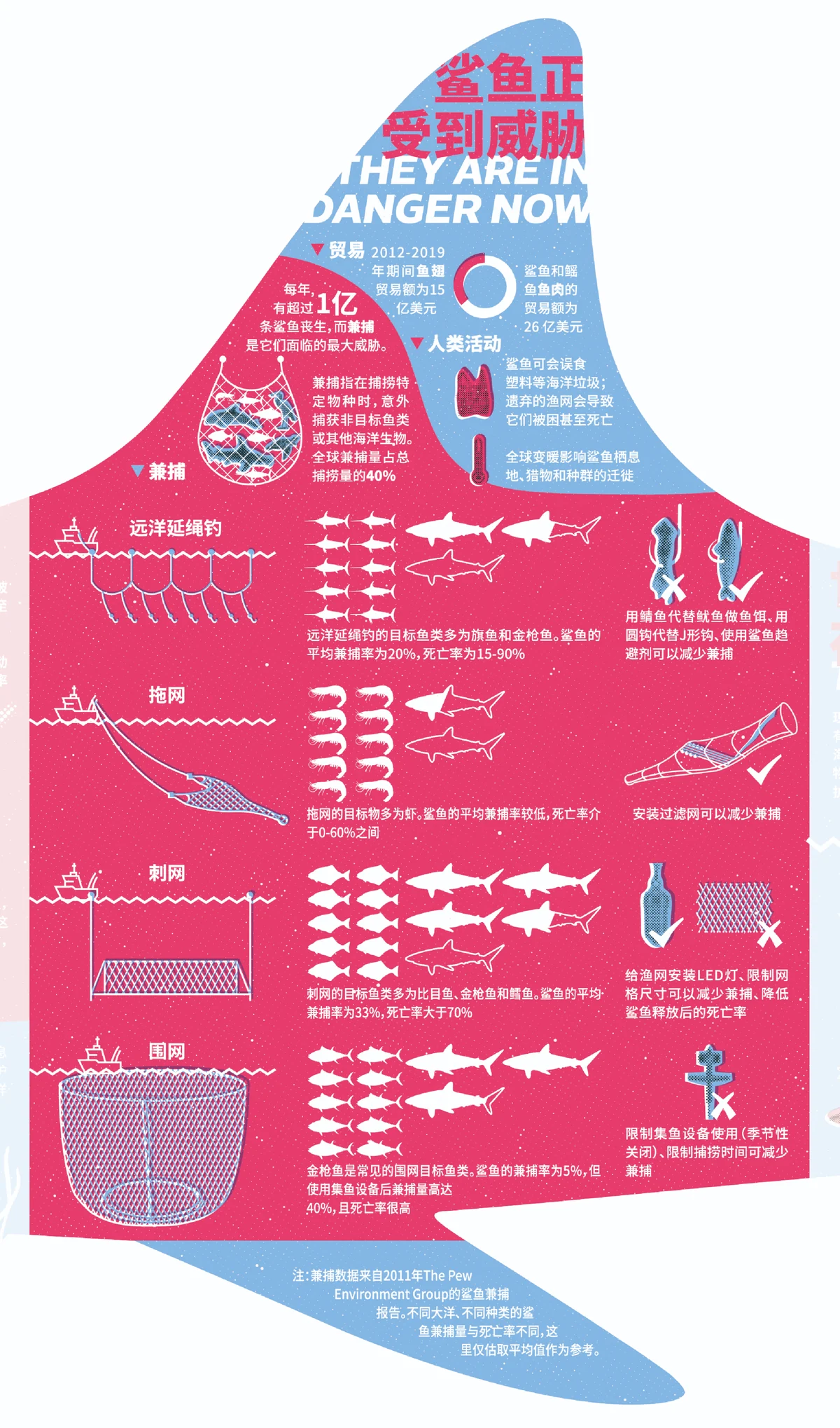 Part 2, the dorsal fin and body: threats to sharks in blue above, and a comparison of fishing nets and their bycatch in red.